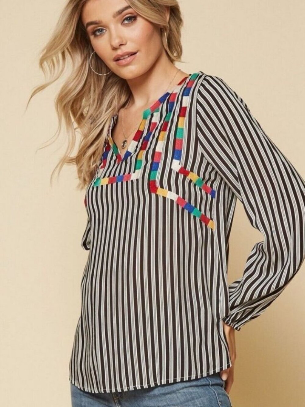 April Sky SZ S Black & White Stripe Embroidered Blouse Boho Western Artsy Comfy